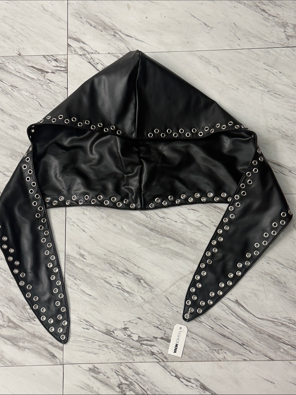 Fashion Nova Black Faux Leather Hooded Scarf with Silver Eyelets